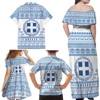 Greece Christmas Family Matching Off Shoulder Maxi Dress and Hawaiian Shirt with Santa Rowing Boat Greek Flag Laurel Wreath Parthenon and Blue White Pattern Design - Wonder Print Shop