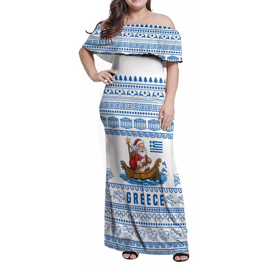 Greece Christmas Family Matching Off Shoulder Maxi Dress and Hawaiian Shirt with Santa Rowing Boat Greek Flag Laurel Wreath Parthenon and Blue White Pattern Design - Wonder Print Shop