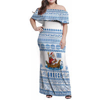 Greece Christmas Family Matching Off Shoulder Maxi Dress and Hawaiian Shirt with Santa Rowing Boat Greek Flag Laurel Wreath Parthenon and Blue White Pattern Design - Wonder Print Shop