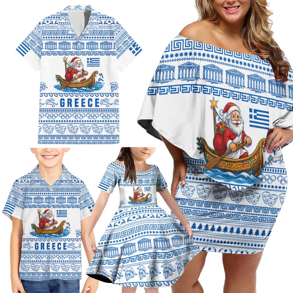 Greece Christmas Family Matching Off Shoulder Short Dress and Hawaiian Shirt with Santa Rowing Boat Greek Flag Laurel Wreath Parthenon and Blue White Pattern Design - Wonder Print Shop