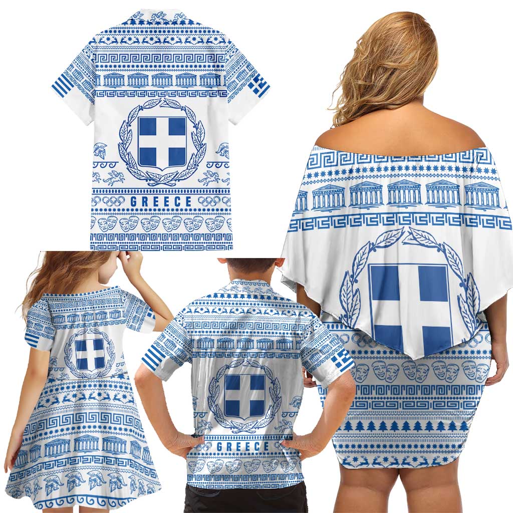 Greece Christmas Family Matching Off Shoulder Short Dress and Hawaiian Shirt with Santa Rowing Boat Greek Flag Laurel Wreath Parthenon and Blue White Pattern Design - Wonder Print Shop