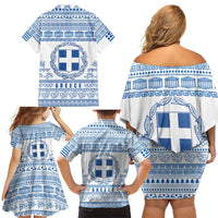 Greece Christmas Family Matching Off Shoulder Short Dress and Hawaiian Shirt with Santa Rowing Boat Greek Flag Laurel Wreath Parthenon and Blue White Pattern Design - Wonder Print Shop