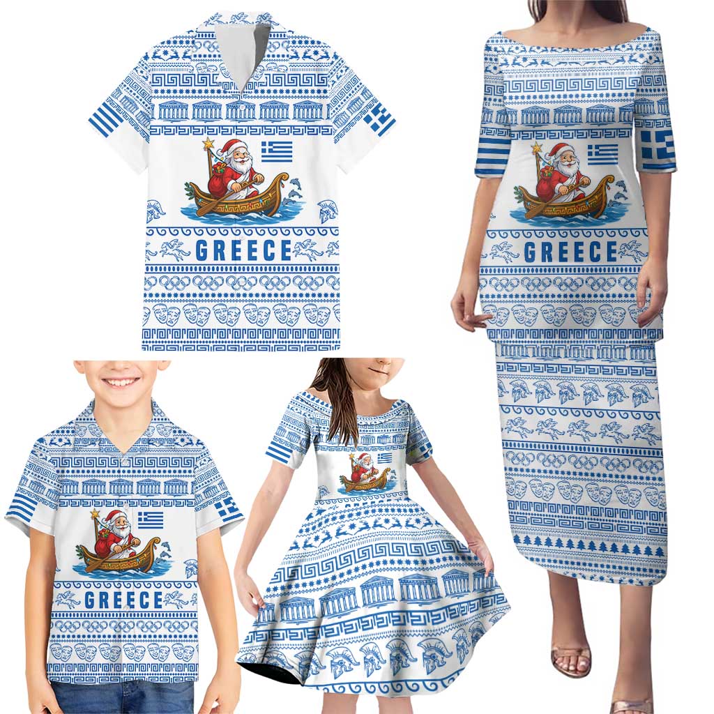 Greece Christmas Family Matching Puletasi and Hawaiian Shirt with Santa Rowing Boat Greek Flag Laurel Wreath Parthenon and Blue White Pattern Design - Wonder Print Shop