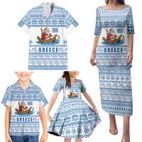 Greece Christmas Family Matching Puletasi and Hawaiian Shirt with Santa Rowing Boat Greek Flag Laurel Wreath Parthenon and Blue White Pattern Design - Wonder Print Shop