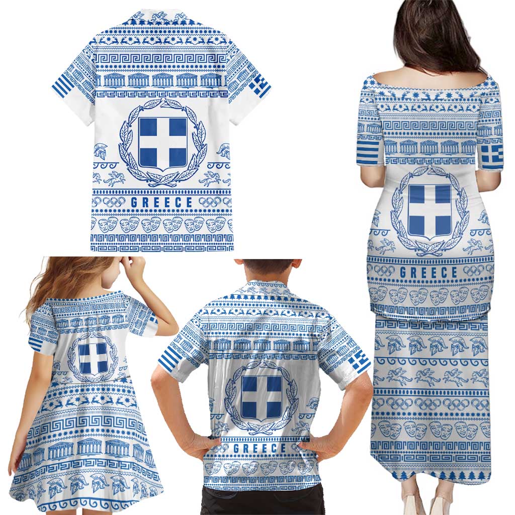 Greece Christmas Family Matching Puletasi and Hawaiian Shirt with Santa Rowing Boat Greek Flag Laurel Wreath Parthenon and Blue White Pattern Design - Wonder Print Shop