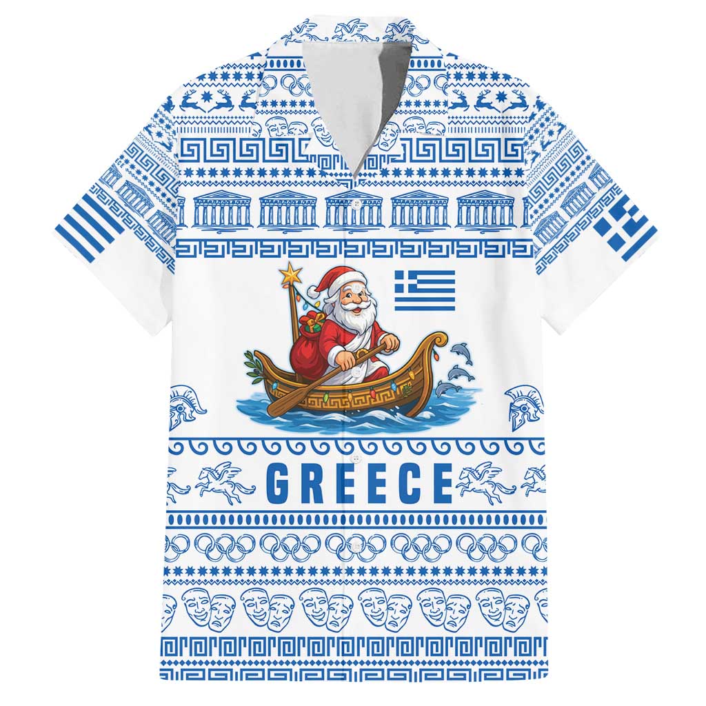 Greece Christmas Family Matching Puletasi and Hawaiian Shirt with Santa Rowing Boat Greek Flag Laurel Wreath Parthenon and Blue White Pattern Design - Wonder Print Shop