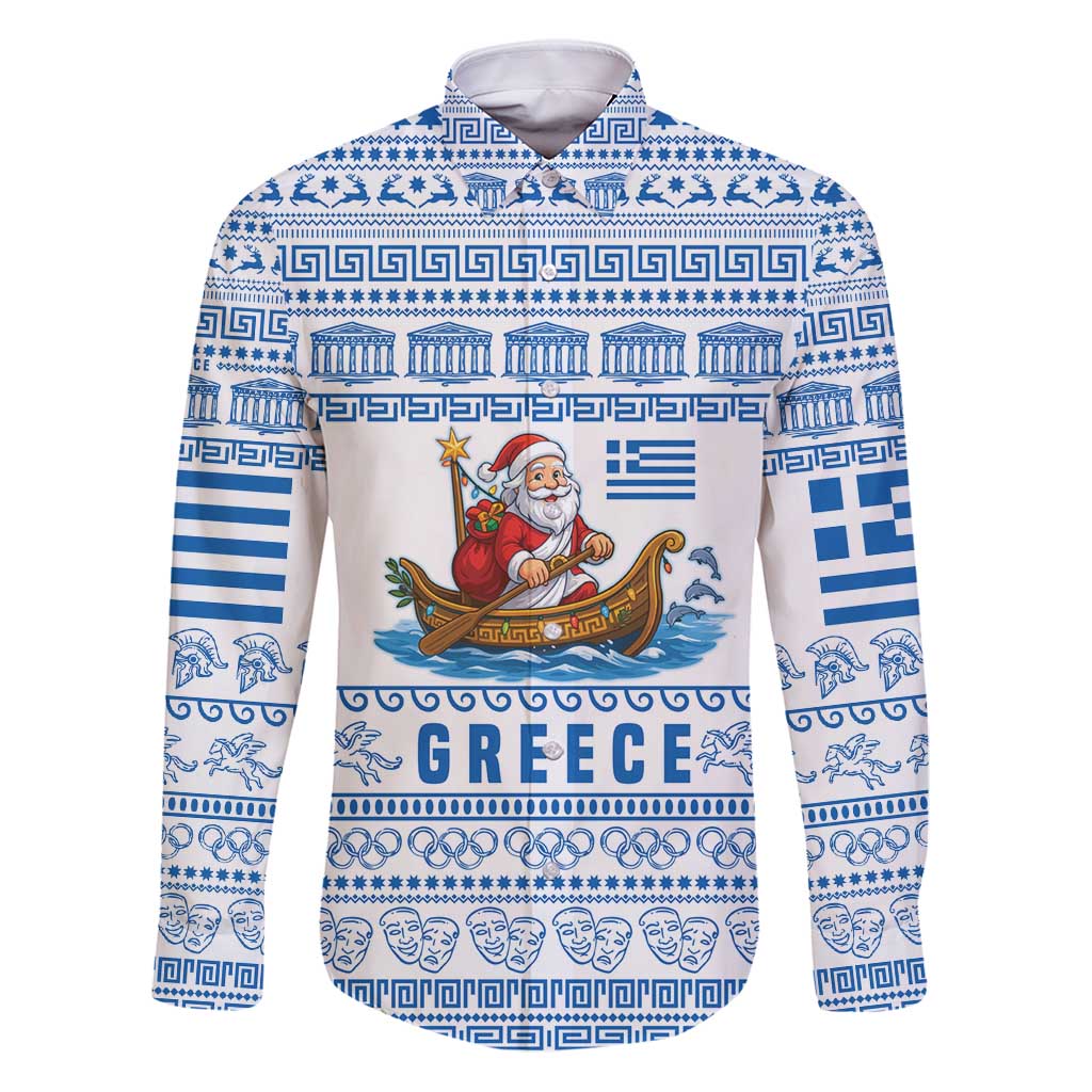 Greece Christmas Family Matching Puletasi and Hawaiian Shirt with Santa Rowing Boat Greek Flag Laurel Wreath Parthenon and Blue White Pattern Design - Wonder Print Shop