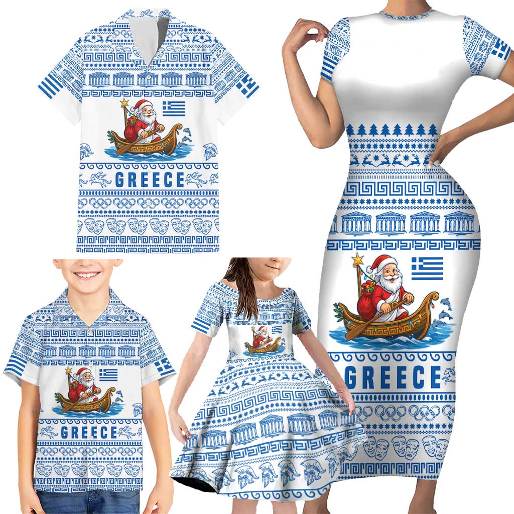 Greece Christmas Family Matching Short Sleeve Bodycon Dress and Hawaiian Shirt with Santa Rowing Boat Greek Flag Laurel Wreath Parthenon and Blue White Pattern Design - Wonder Print Shop