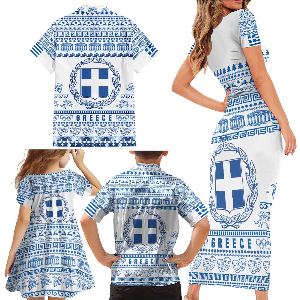 Greece Christmas Family Matching Short Sleeve Bodycon Dress and Hawaiian Shirt with Santa Rowing Boat Greek Flag Laurel Wreath Parthenon and Blue White Pattern Design - Wonder Print Shop
