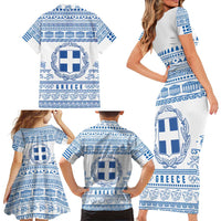 Greece Christmas Family Matching Short Sleeve Bodycon Dress and Hawaiian Shirt with Santa Rowing Boat Greek Flag Laurel Wreath Parthenon and Blue White Pattern Design - Wonder Print Shop