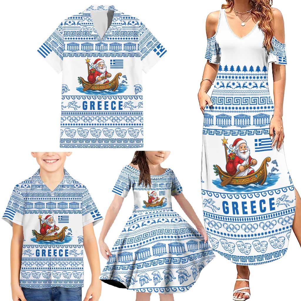 Greece Christmas Family Matching Summer Maxi Dress and Hawaiian Shirt with Santa Rowing Boat Greek Flag Laurel Wreath Parthenon and Blue White Pattern Design - Wonder Print Shop