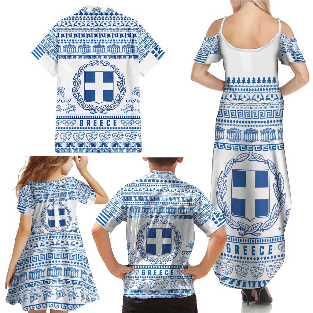 Greece Christmas Family Matching Summer Maxi Dress and Hawaiian Shirt with Santa Rowing Boat Greek Flag Laurel Wreath Parthenon and Blue White Pattern Design - Wonder Print Shop