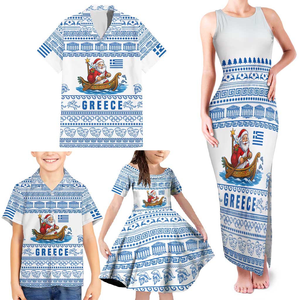 Greece Christmas Family Matching Tank Maxi Dress and Hawaiian Shirt with Santa Rowing Boat Greek Flag Laurel Wreath Parthenon and Blue White Pattern Design - Wonder Print Shop