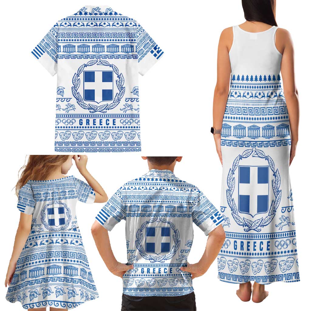 Greece Christmas Family Matching Tank Maxi Dress and Hawaiian Shirt with Santa Rowing Boat Greek Flag Laurel Wreath Parthenon and Blue White Pattern Design - Wonder Print Shop
