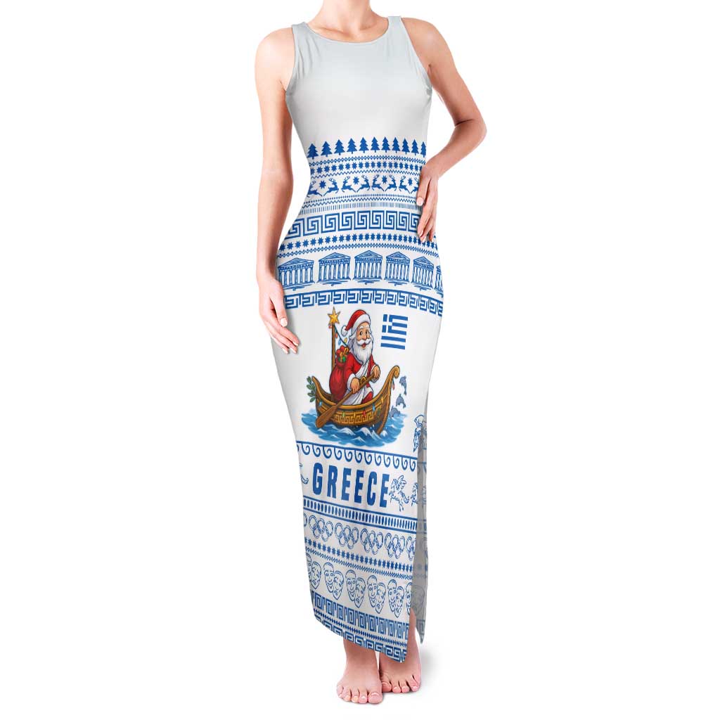 Greece Christmas Family Matching Tank Maxi Dress and Hawaiian Shirt with Santa Rowing Boat Greek Flag Laurel Wreath Parthenon and Blue White Pattern Design - Wonder Print Shop