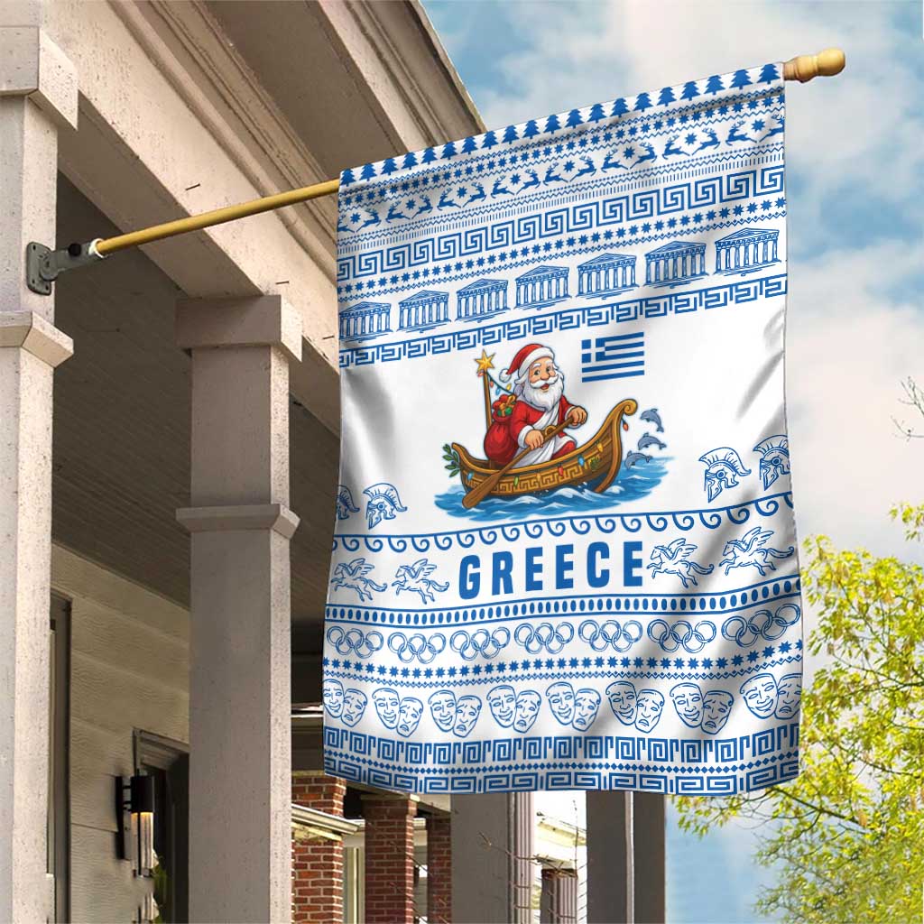 Greece Christmas Garden Flag with Santa Rowing Boat Greek Flag Laurel Wreath Parthenon and Blue White Pattern Design - Wonder Print Shop