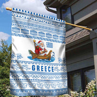Greece Christmas Garden Flag with Santa Rowing Boat Greek Flag Laurel Wreath Parthenon and Blue White Pattern Design - Wonder Print Shop