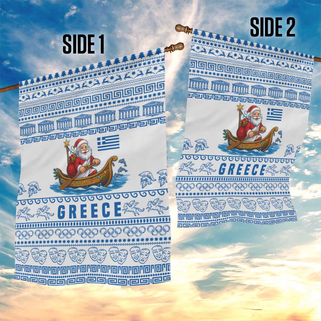 Greece Christmas Garden Flag with Santa Rowing Boat Greek Flag Laurel Wreath Parthenon and Blue White Pattern Design - Wonder Print Shop
