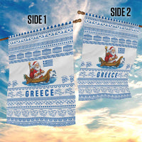 Greece Christmas Garden Flag with Santa Rowing Boat Greek Flag Laurel Wreath Parthenon and Blue White Pattern Design - Wonder Print Shop