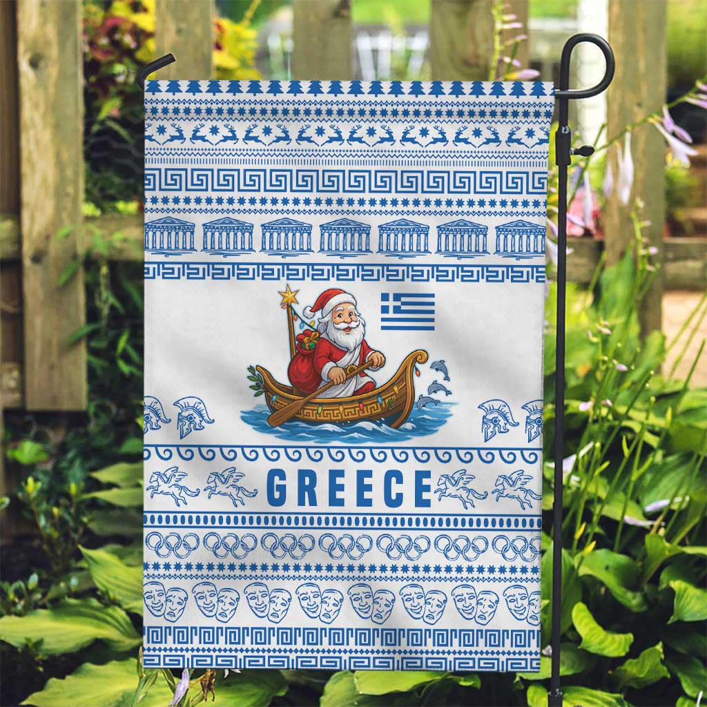 Greece Christmas Garden Flag with Santa Rowing Boat Greek Flag Laurel Wreath Parthenon and Blue White Pattern Design - Wonder Print Shop