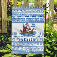 Greece Christmas Garden Flag with Santa Rowing Boat Greek Flag Laurel Wreath Parthenon and Blue White Pattern Design - Wonder Print Shop