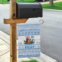 Greece Christmas Garden Flag with Santa Rowing Boat Greek Flag Laurel Wreath Parthenon and Blue White Pattern Design - Wonder Print Shop