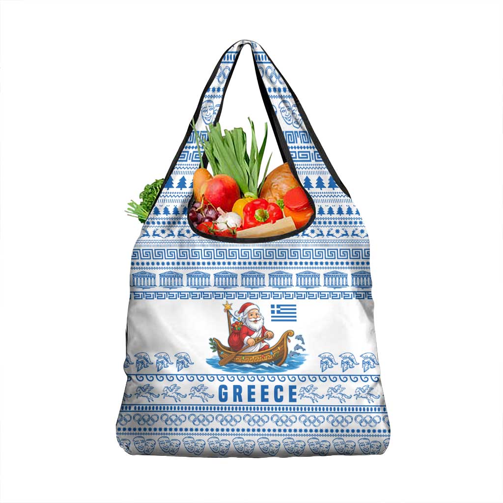 Greece Christmas Grocery Bag with Santa Rowing Boat Greek Flag Laurel Wreath Parthenon and Blue White Pattern Design - Wonder Print Shop