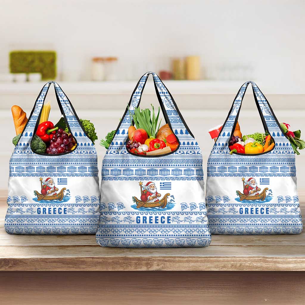 Greece Christmas Grocery Bag with Santa Rowing Boat Greek Flag Laurel Wreath Parthenon and Blue White Pattern Design - Wonder Print Shop