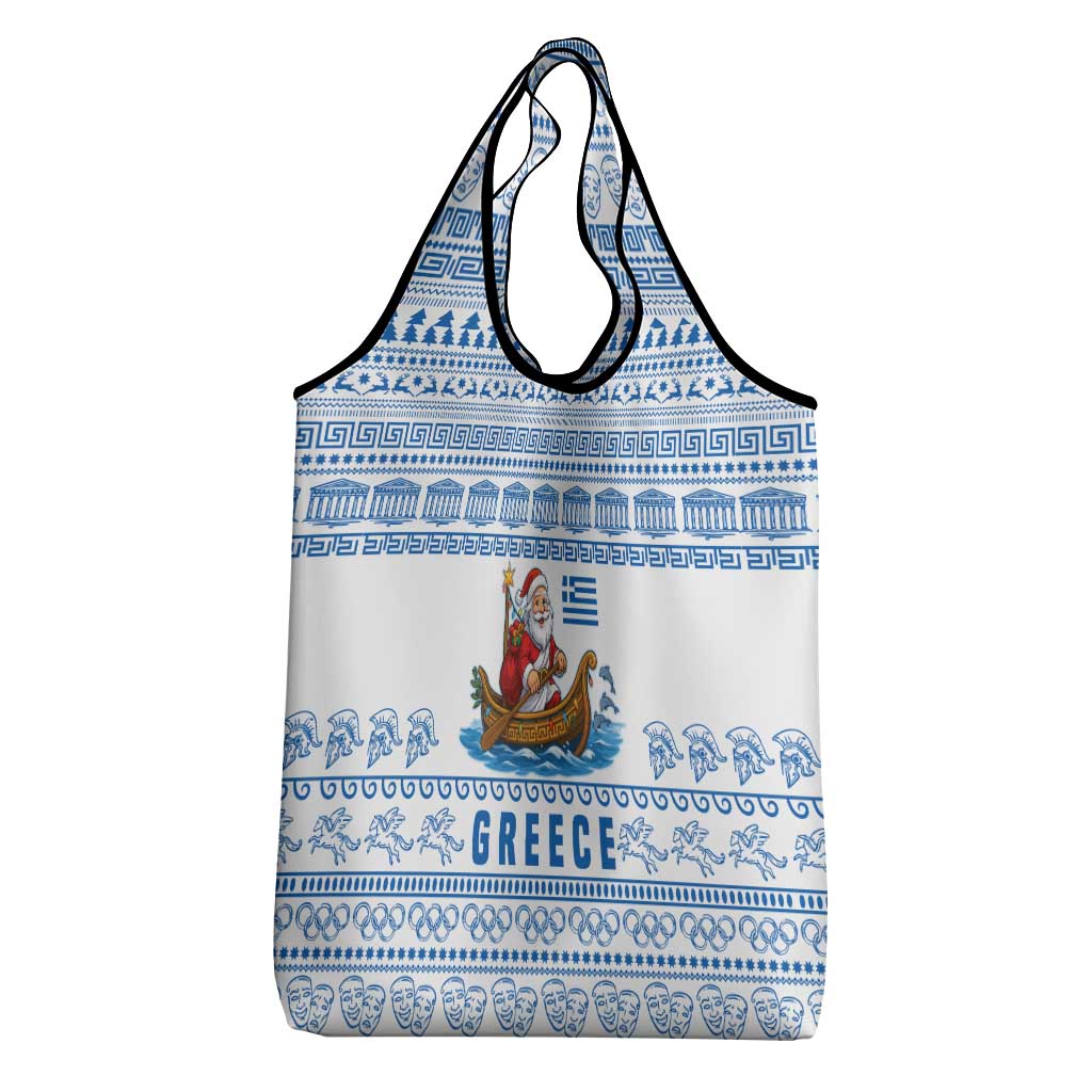 Greece Christmas Grocery Bag with Santa Rowing Boat Greek Flag Laurel Wreath Parthenon and Blue White Pattern Design - Wonder Print Shop