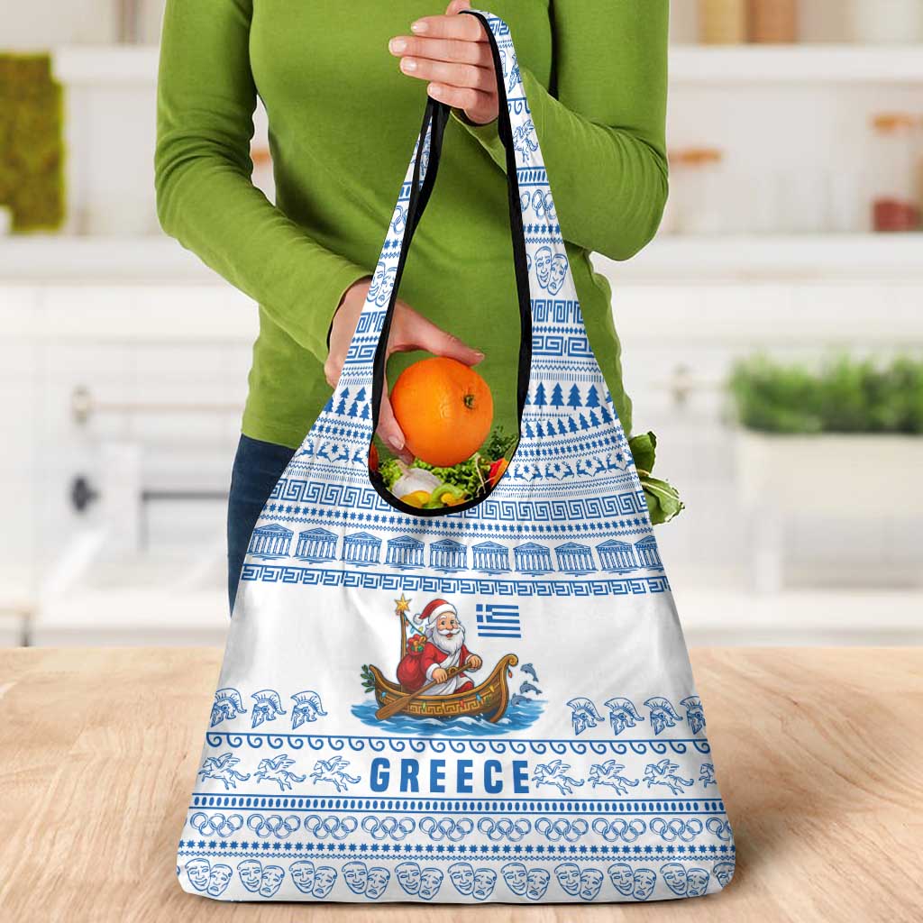 Greece Christmas Grocery Bag with Santa Rowing Boat Greek Flag Laurel Wreath Parthenon and Blue White Pattern Design - Wonder Print Shop