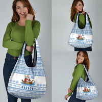 Greece Christmas Grocery Bag with Santa Rowing Boat Greek Flag Laurel Wreath Parthenon and Blue White Pattern Design - Wonder Print Shop