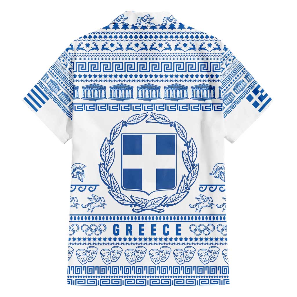 Greece Christmas Hawaiian Shirt with Santa Rowing Boat Greek Flag Laurel Wreath Parthenon and Blue White Pattern Design - Wonder Print Shop