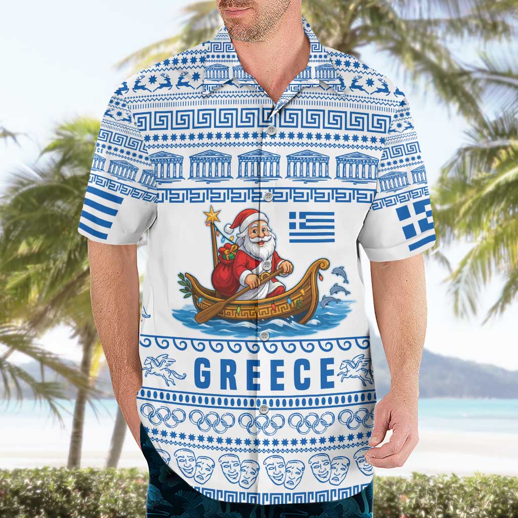 Greece Christmas Hawaiian Shirt with Santa Rowing Boat Greek Flag Laurel Wreath Parthenon and Blue White Pattern Design - Wonder Print Shop