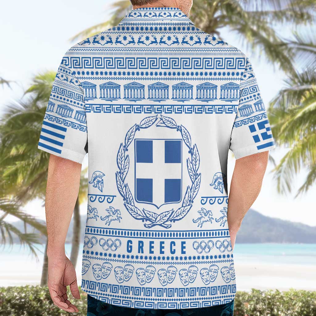 Greece Christmas Hawaiian Shirt with Santa Rowing Boat Greek Flag Laurel Wreath Parthenon and Blue White Pattern Design - Wonder Print Shop
