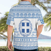 Greece Christmas Hawaiian Shirt with Santa Rowing Boat Greek Flag Laurel Wreath Parthenon and Blue White Pattern Design - Wonder Print Shop