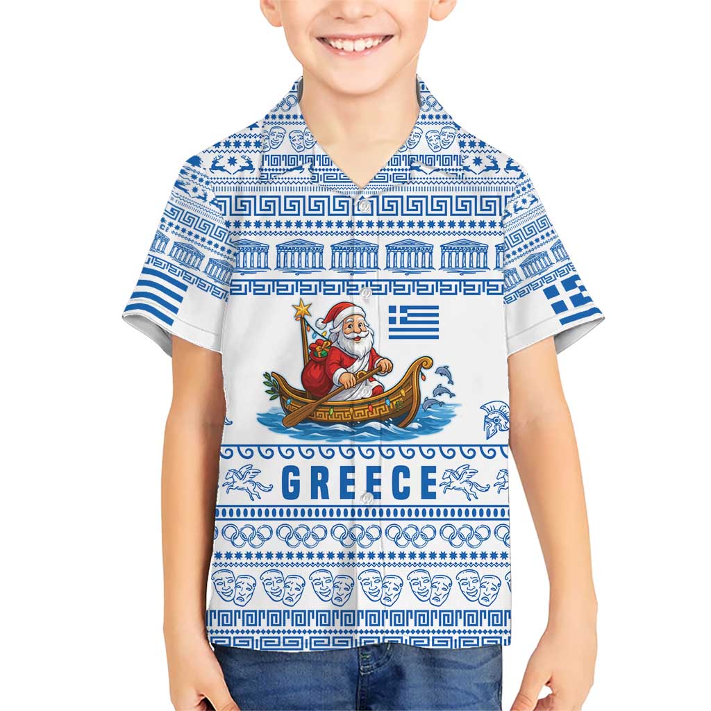 Greece Christmas Hawaiian Shirt with Santa Rowing Boat Greek Flag Laurel Wreath Parthenon and Blue White Pattern Design - Wonder Print Shop