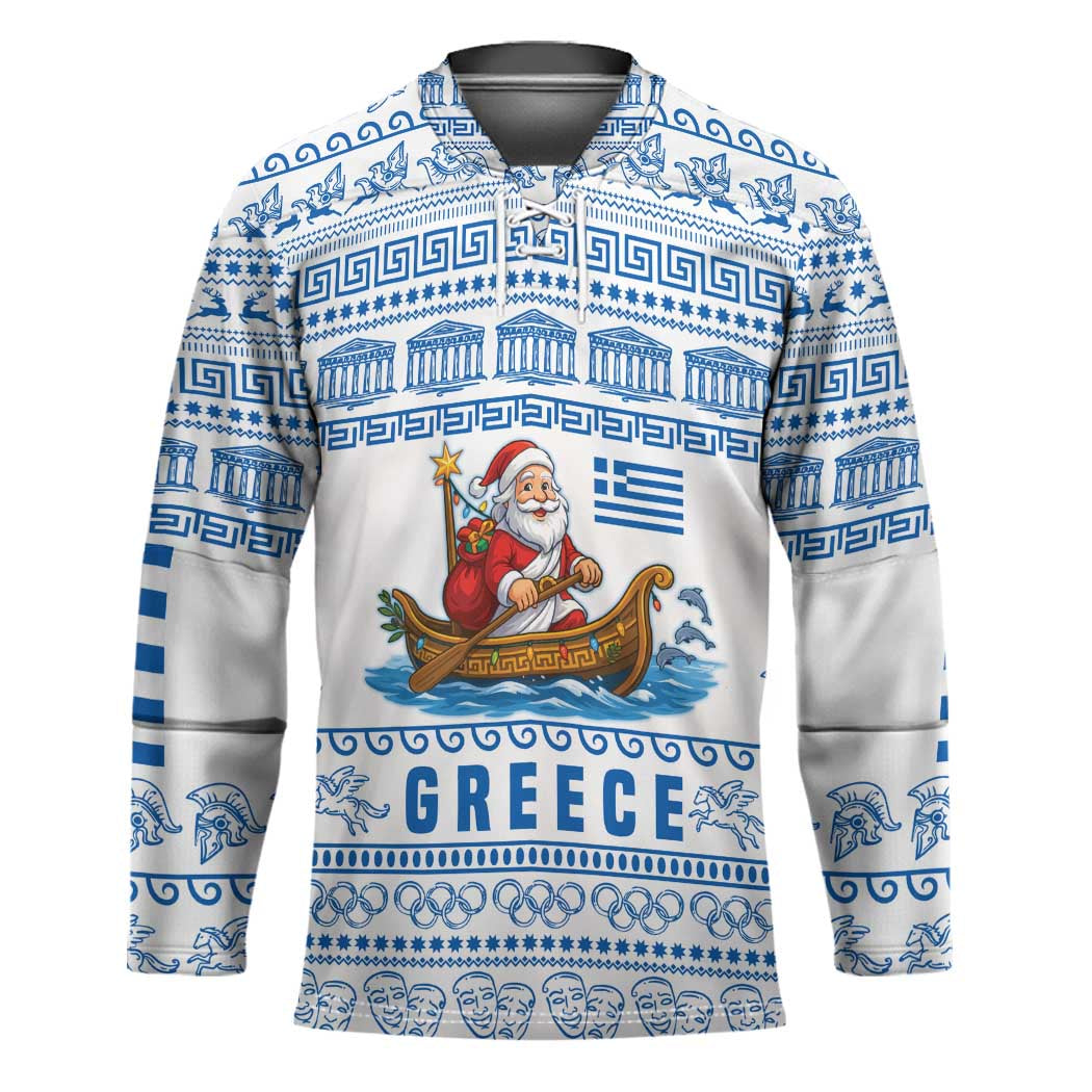 Greece Christmas Hockey Jersey with Santa Rowing Boat Greek Flag Laurel Wreath Parthenon and Blue White Pattern Design - Wonder Print Shop