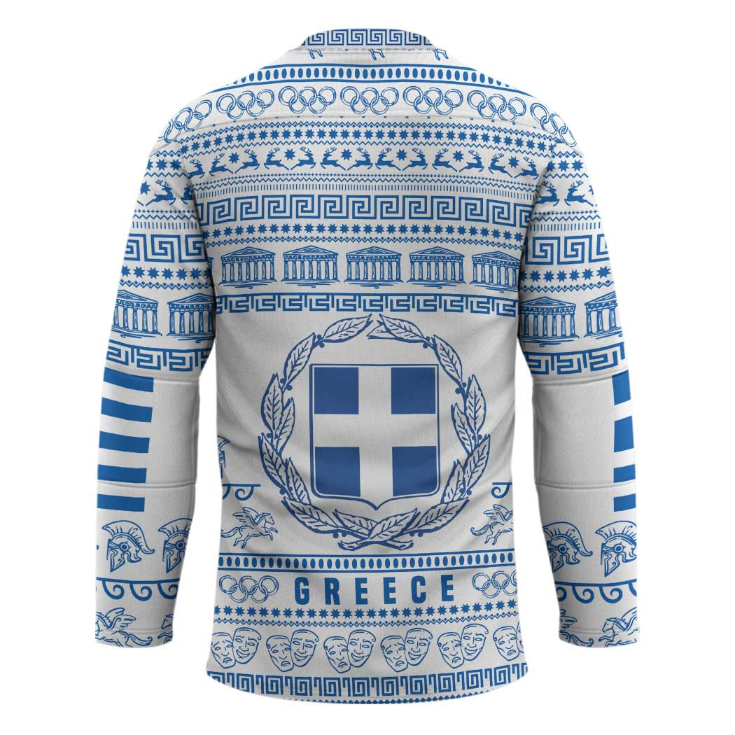 Greece Christmas Hockey Jersey with Santa Rowing Boat Greek Flag Laurel Wreath Parthenon and Blue White Pattern Design - Wonder Print Shop