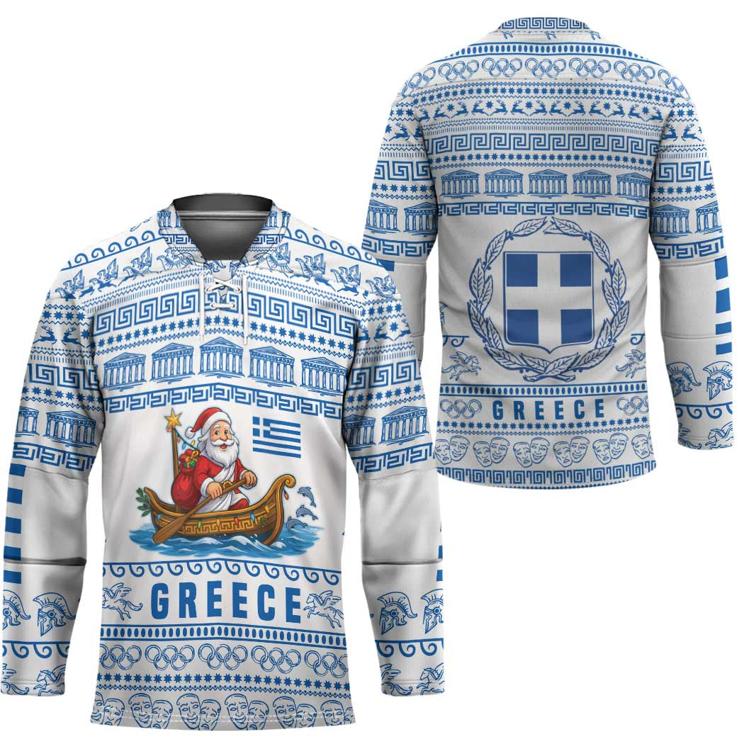 Greece Christmas Hockey Jersey with Santa Rowing Boat Greek Flag Laurel Wreath Parthenon and Blue White Pattern Design - Wonder Print Shop