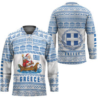 Greece Christmas Hockey Jersey with Santa Rowing Boat Greek Flag Laurel Wreath Parthenon and Blue White Pattern Design - Wonder Print Shop