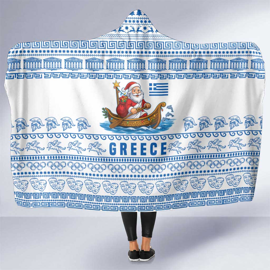 Greece Christmas Hooded Blanket with Santa Rowing Boat Greek Flag Laurel Wreath Parthenon and Blue White Pattern Design - Wonder Print Shop