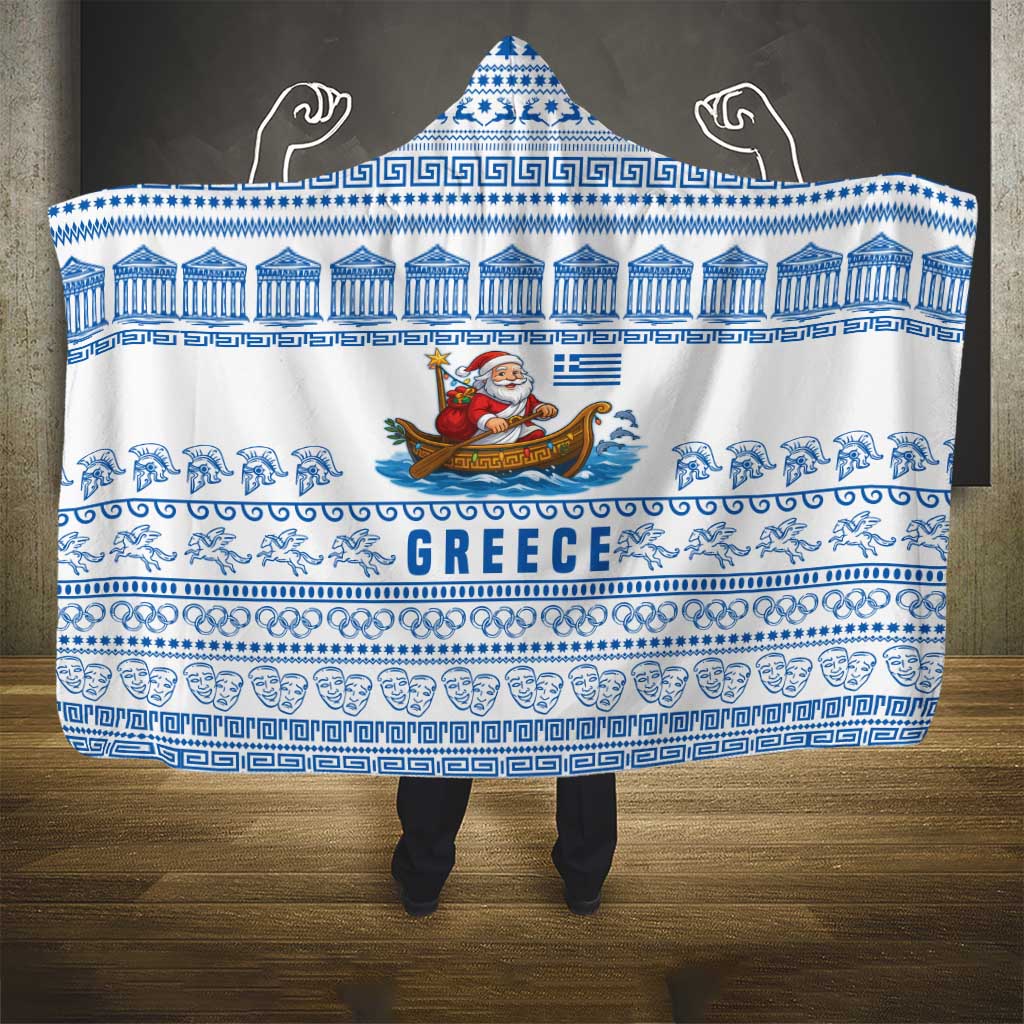 Greece Christmas Hooded Blanket with Santa Rowing Boat Greek Flag Laurel Wreath Parthenon and Blue White Pattern Design - Wonder Print Shop