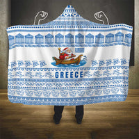 Greece Christmas Hooded Blanket with Santa Rowing Boat Greek Flag Laurel Wreath Parthenon and Blue White Pattern Design - Wonder Print Shop