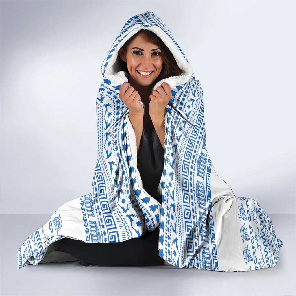 Greece Christmas Hooded Blanket with Santa Rowing Boat Greek Flag Laurel Wreath Parthenon and Blue White Pattern Design - Wonder Print Shop