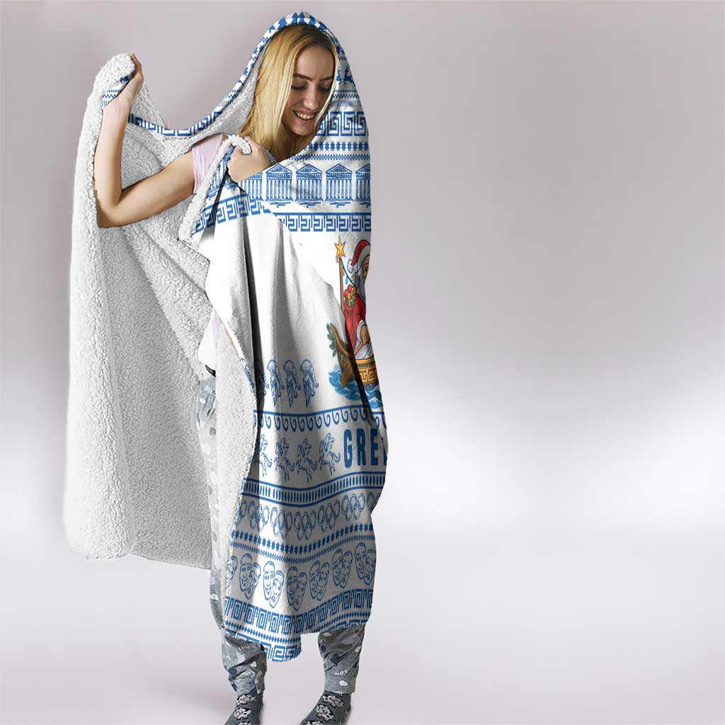 Greece Christmas Hooded Blanket with Santa Rowing Boat Greek Flag Laurel Wreath Parthenon and Blue White Pattern Design - Wonder Print Shop