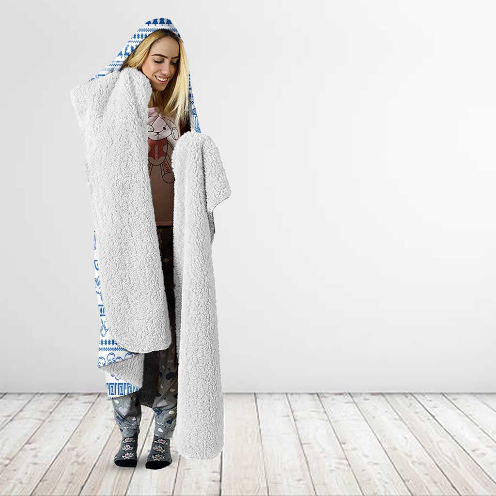 Greece Christmas Hooded Blanket with Santa Rowing Boat Greek Flag Laurel Wreath Parthenon and Blue White Pattern Design - Wonder Print Shop