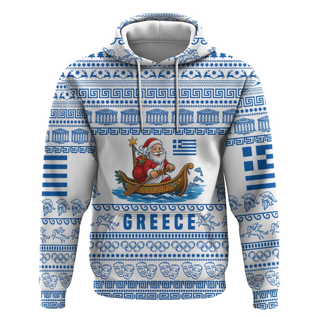 Greece Christmas Hoodie with Santa Rowing Boat Greek Flag Laurel Wreath Parthenon and Blue White Pattern Design - Wonder Print Shop