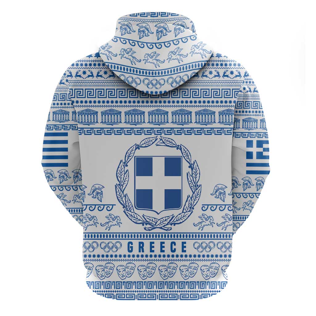 Greece Christmas Hoodie with Santa Rowing Boat Greek Flag Laurel Wreath Parthenon and Blue White Pattern Design - Wonder Print Shop