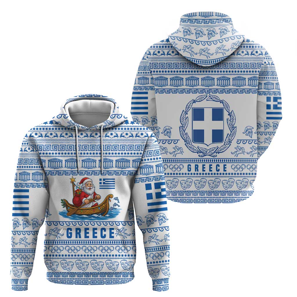 Greece Christmas Hoodie with Santa Rowing Boat Greek Flag Laurel Wreath Parthenon and Blue White Pattern Design - Wonder Print Shop