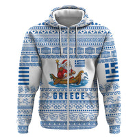 Greece Christmas Hoodie with Santa Rowing Boat Greek Flag Laurel Wreath Parthenon and Blue White Pattern Design - Wonder Print Shop